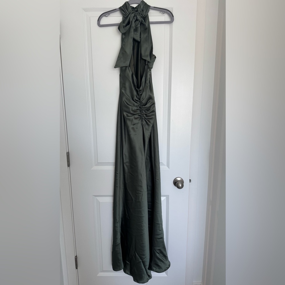 NEW AQUA Olive Green Halter Sleeveless Satin Gown - Size 2 - Picture 9 of 12